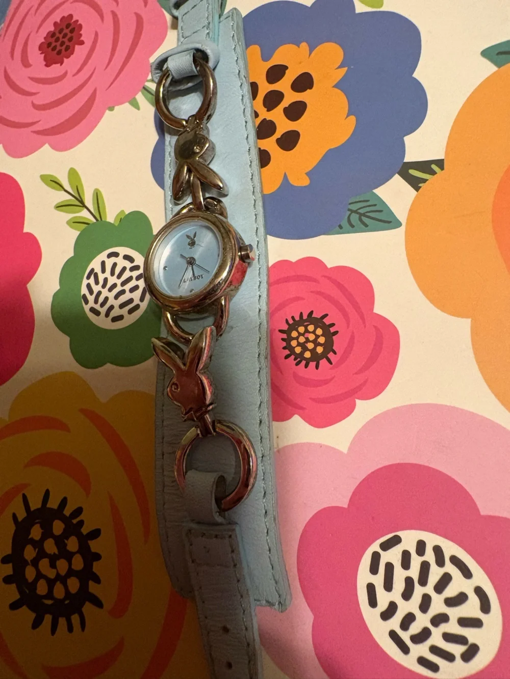 Vintage Y2K 2000s PLAYBOY Light Blue Stainless Steel Faux Leather Bracelet Watch